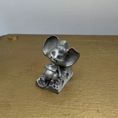 plant/Vintage 1983 Hudson Fine Pewter for Hallmark Mouse on Cheese Figurine-0-thumbnail