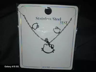 plant/Hello Kitty Stainless Steel 316L Necklace and Stud Earrings Set (Silver)-0-thumbnail