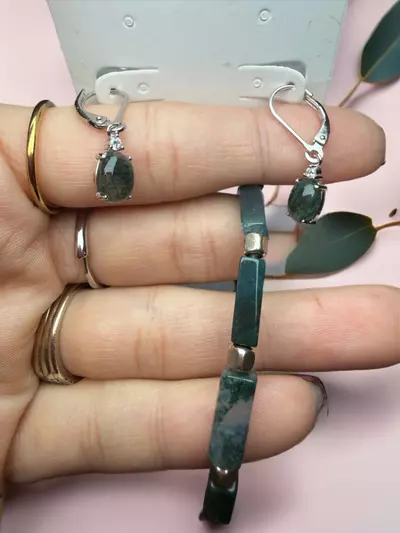 plant/moss agate earrings and bracelet (w hematite spacers)-0-thumbnail