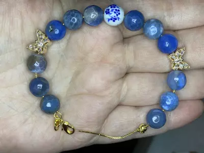 plant/New dyed blue agate faceted beads with ceramic focal bead and 2 butterfly CZ charms bracelet -0-thumbnail