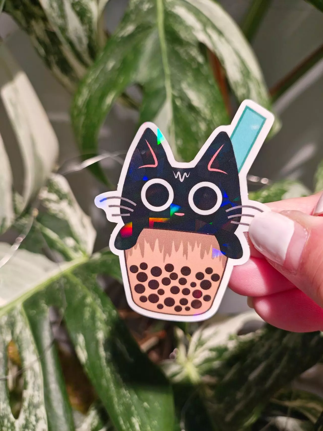 plant/Boba Cat Holographic UV and Waterproof Sticker-0