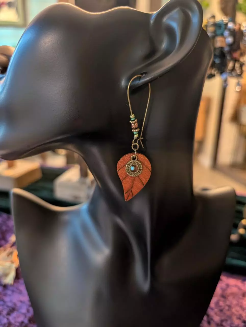 plant/#70 wood leaf dangle earrings-0