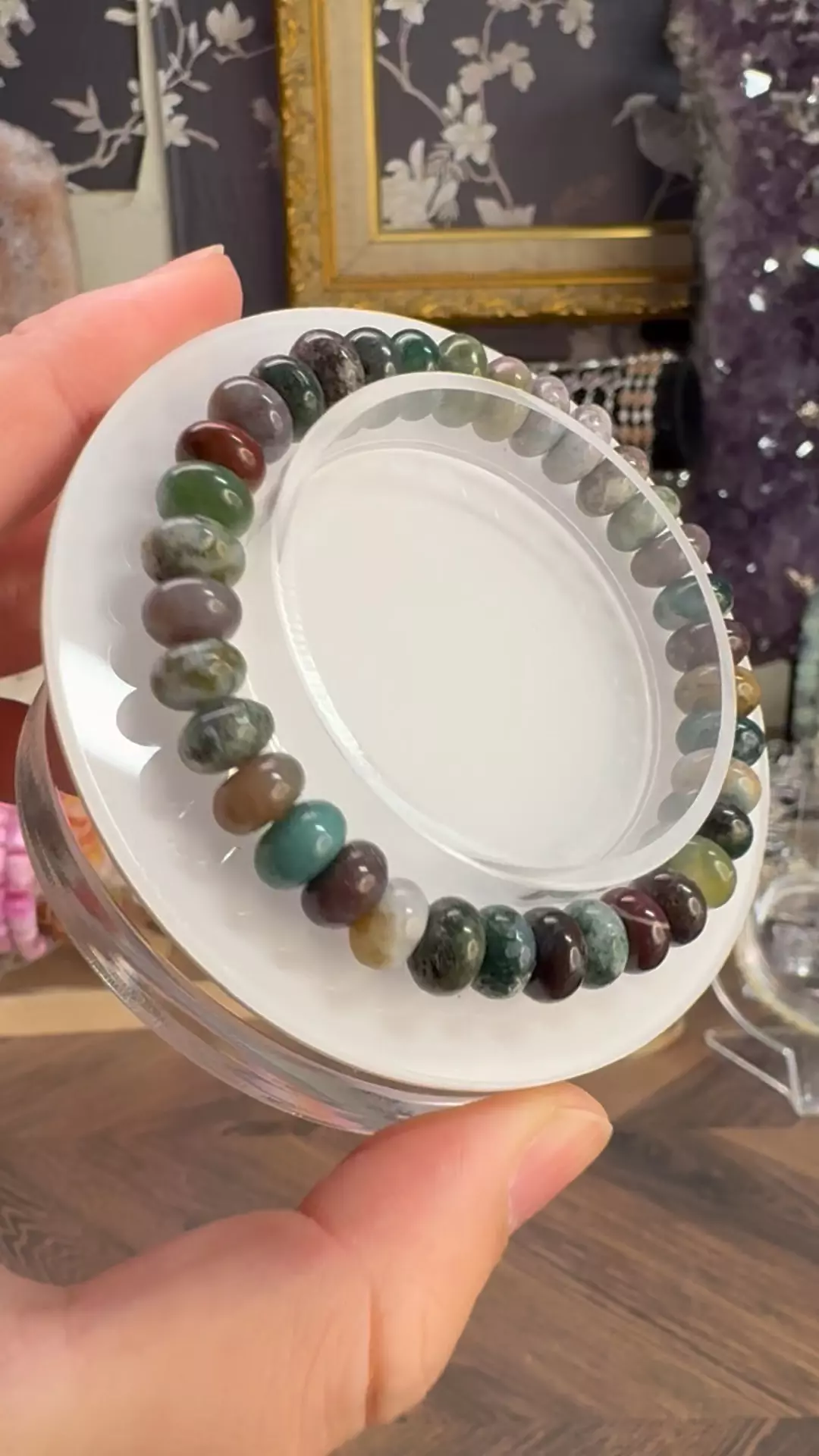 plant/$15| Indian Moss Agate Rondelle Beaded Bracelet 8mm | 6.75” Wrist Size-1