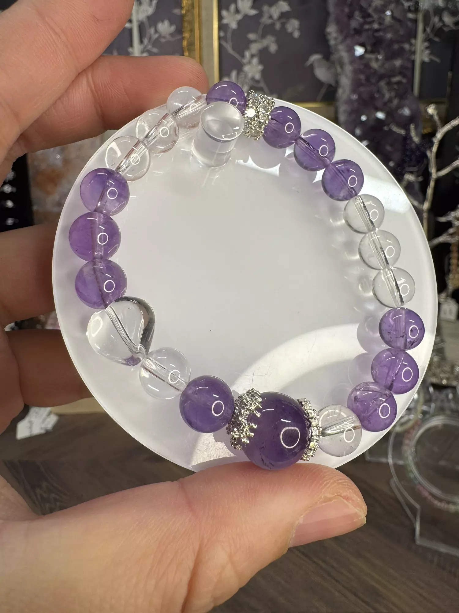 plant/$25| Amethyst & Clear Quartz Beaded Bracelet 8-12mm| 6.75” Wrist Size-0
