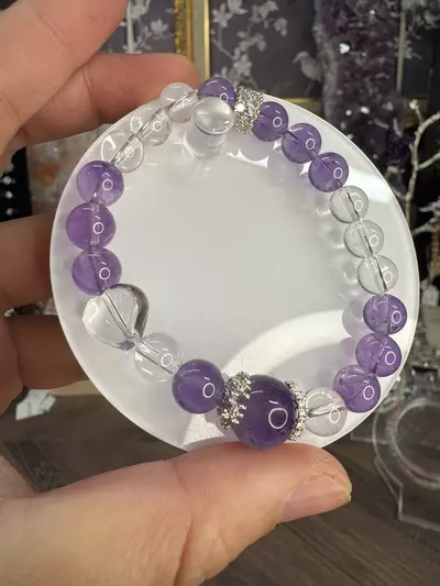 plant/$25| Amethyst & Clear Quartz Beaded Bracelet 8-12mm| 6.75” Wrist Size-0-thumbnail