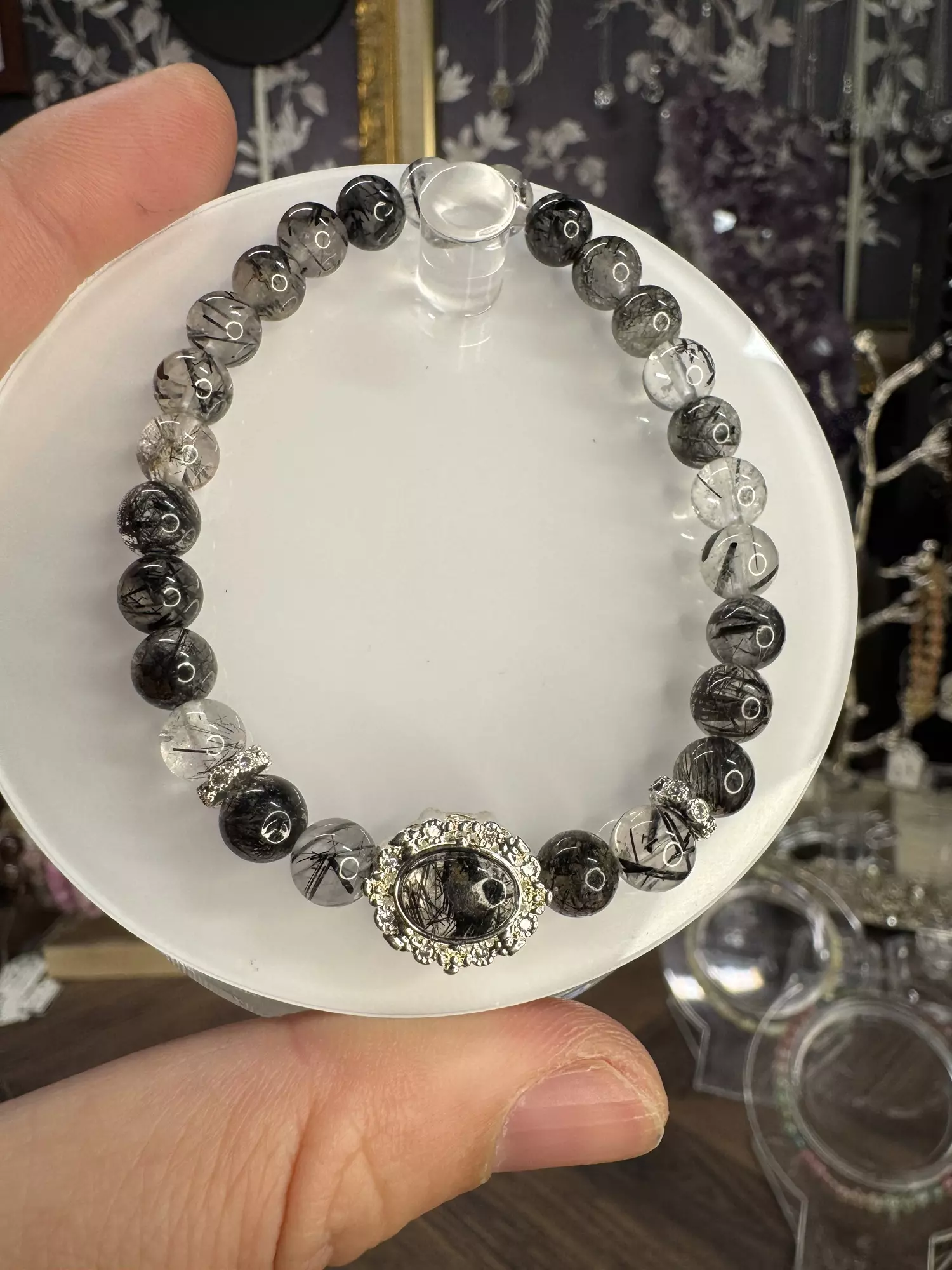 plant/$18| Black Rutile Quartz Beaded Bracelet 7mm| 6.75” Wrist Size-0