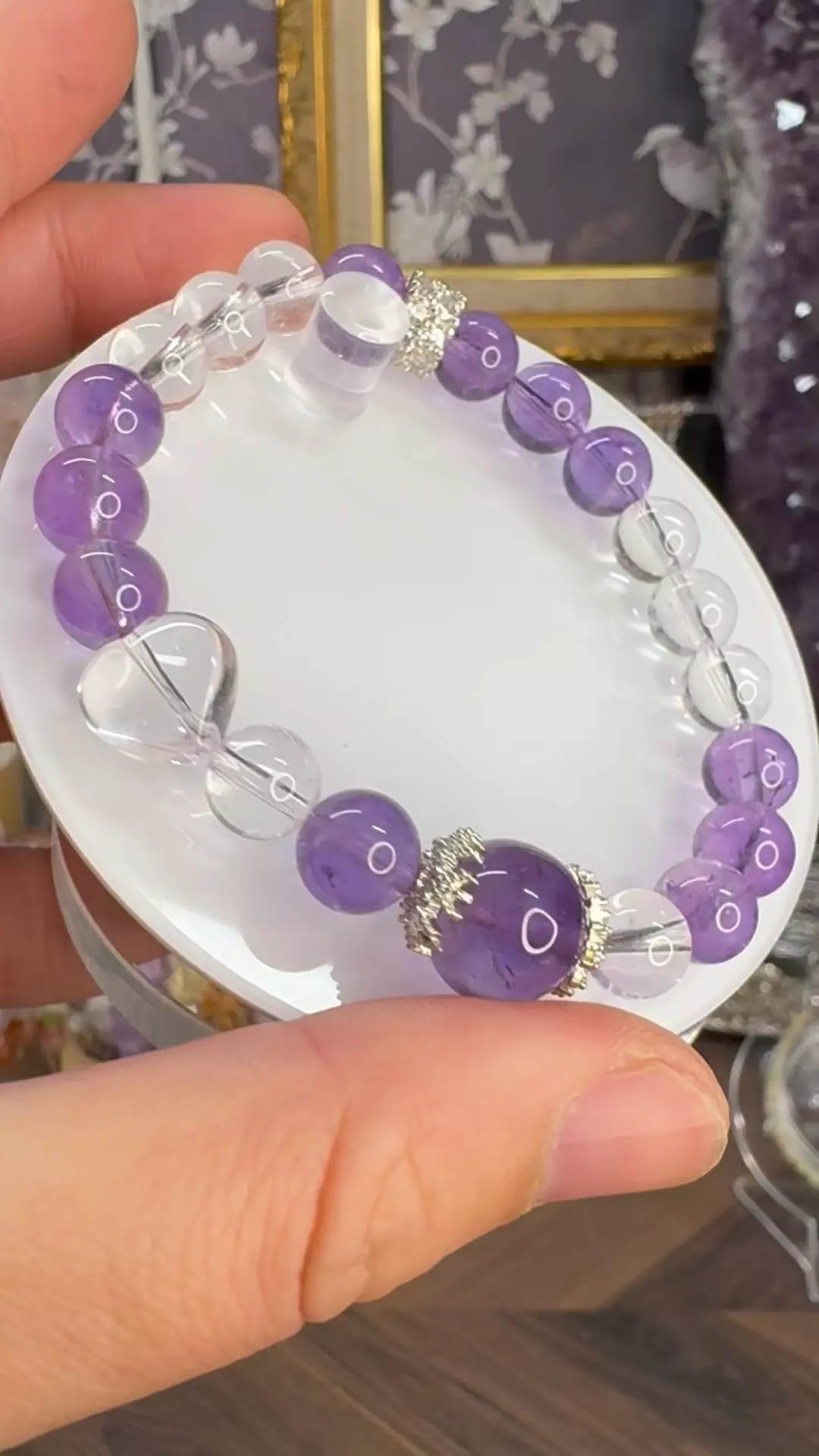 plant/$25| Amethyst & Clear Quartz Beaded Bracelet 8-12mm| 6.75” Wrist Size-1
