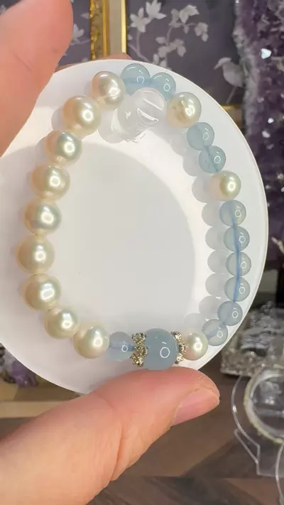 plant/$20| Aquamarine  & Pearl Beaded Bracelet 7-10mm| 6.75” Wrist Size-1-thumbnail