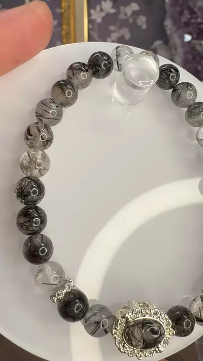 plant/$18| Black Rutile Quartz Beaded Bracelet 7mm| 6.75” Wrist Size-1-thumbnail