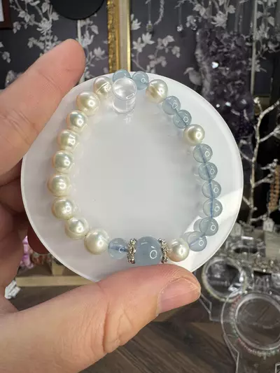 plant/$20| Aquamarine  & Pearl Beaded Bracelet 7-10mm| 6.75” Wrist Size-0-thumbnail