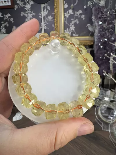 plant/$42| Lemon Quartz Faceted Rondelle Beaded Bracelet 12mm| 7” Wrist Size-0-thumbnail