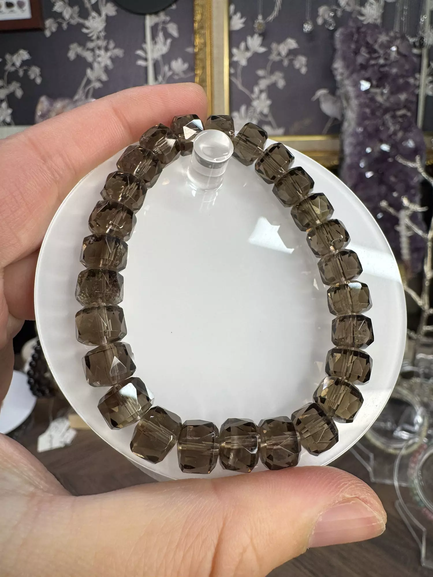plant/$32| Smokey Quartz Faceted Rondelle Beaded Bracelet 9mm| 7” Wrist Size-0