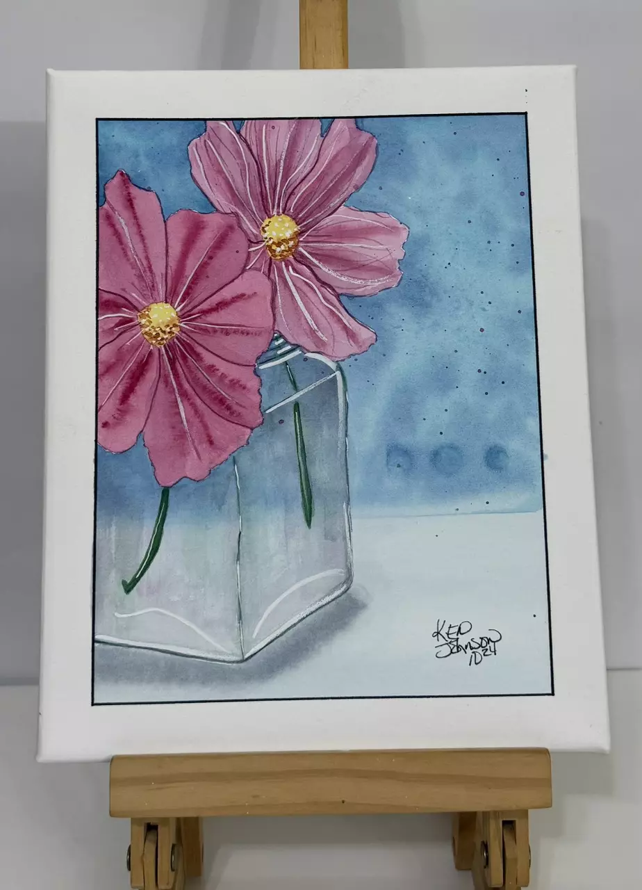 Cosmos In Watercolor On Watercolor Canvas thumbnail