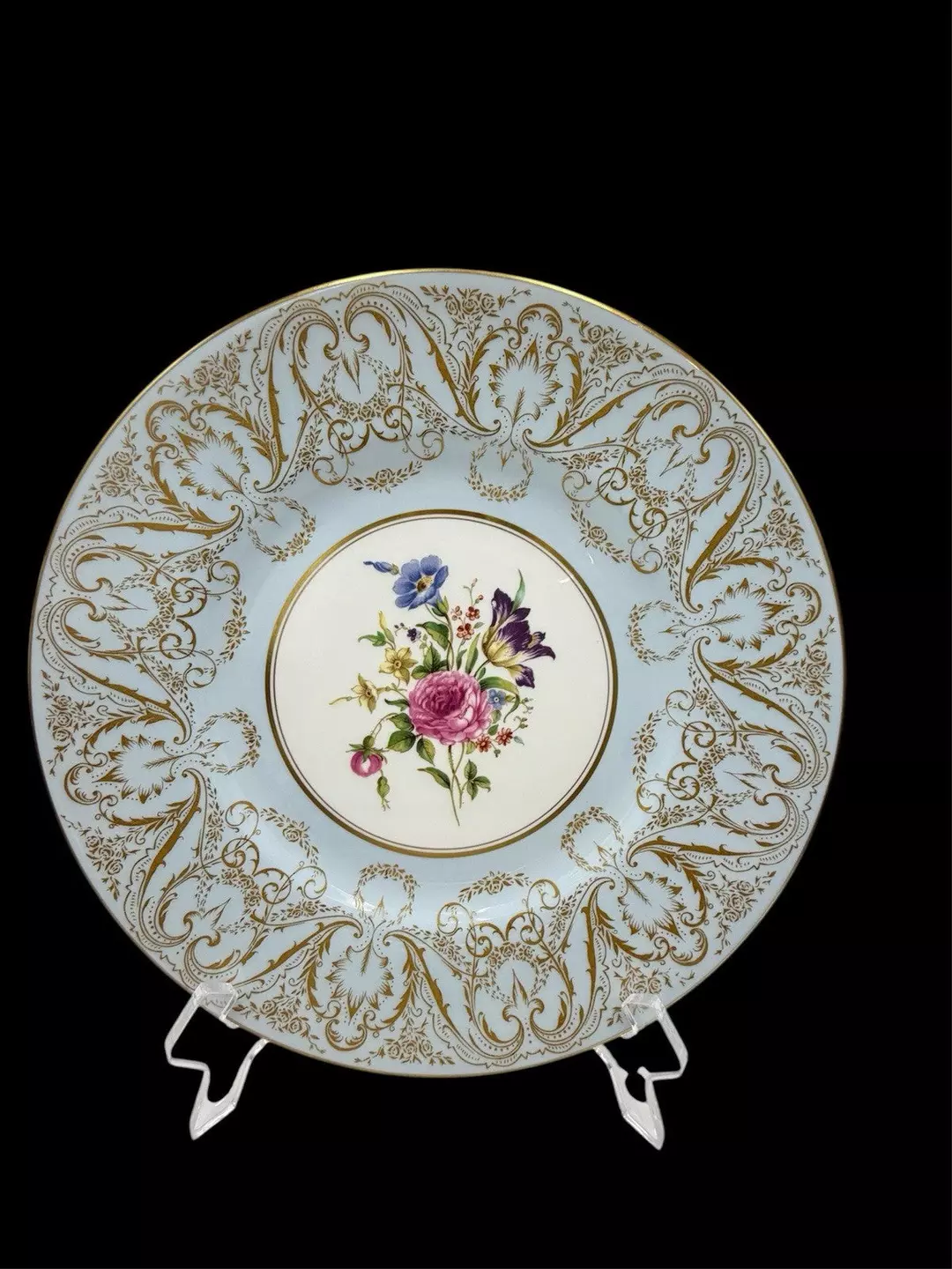 Royal Worcester England Embellished Floral Light Blue Gold Trim Dinner 10” Plate thumbnail