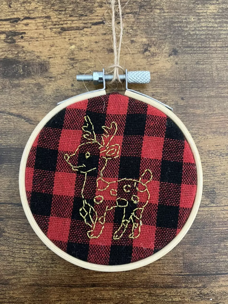 Hand Embroidered Reindeer Christmas Ornament Red Buffalo Plaid, Embroidery Hoop thumbnail