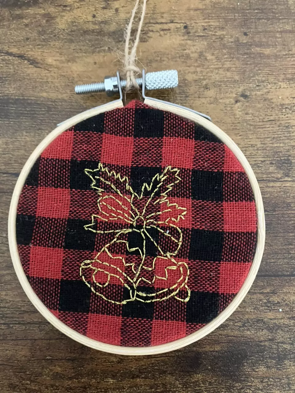 Hand Embroidered Christmas Bells Ornament Red Buffalo Plaid, Embroidery Hoop Art thumbnail