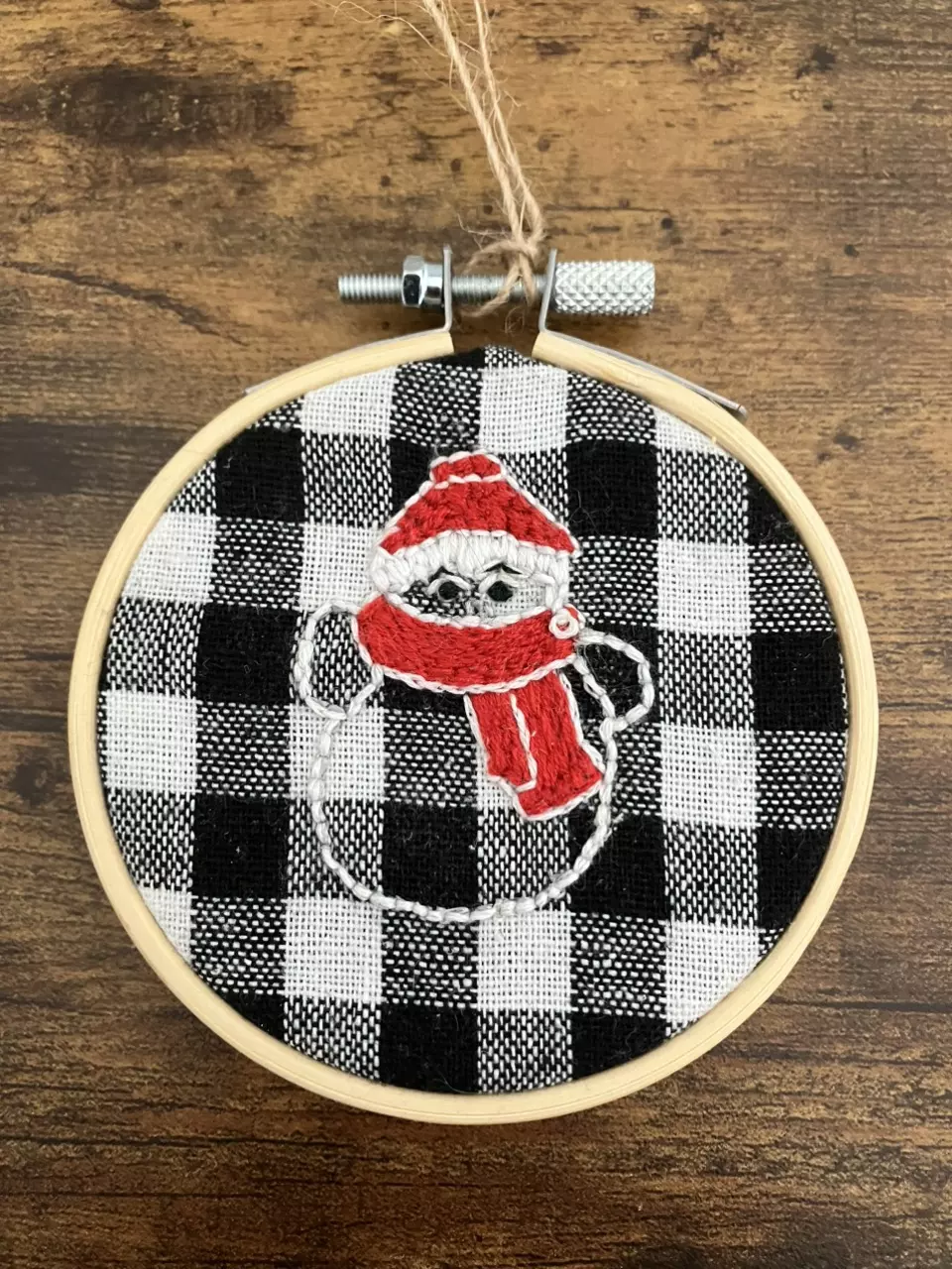 Hand Embroidered Snowman Christmas Ornament Buffalo Plaid, Embroidery Hoop Art thumbnail