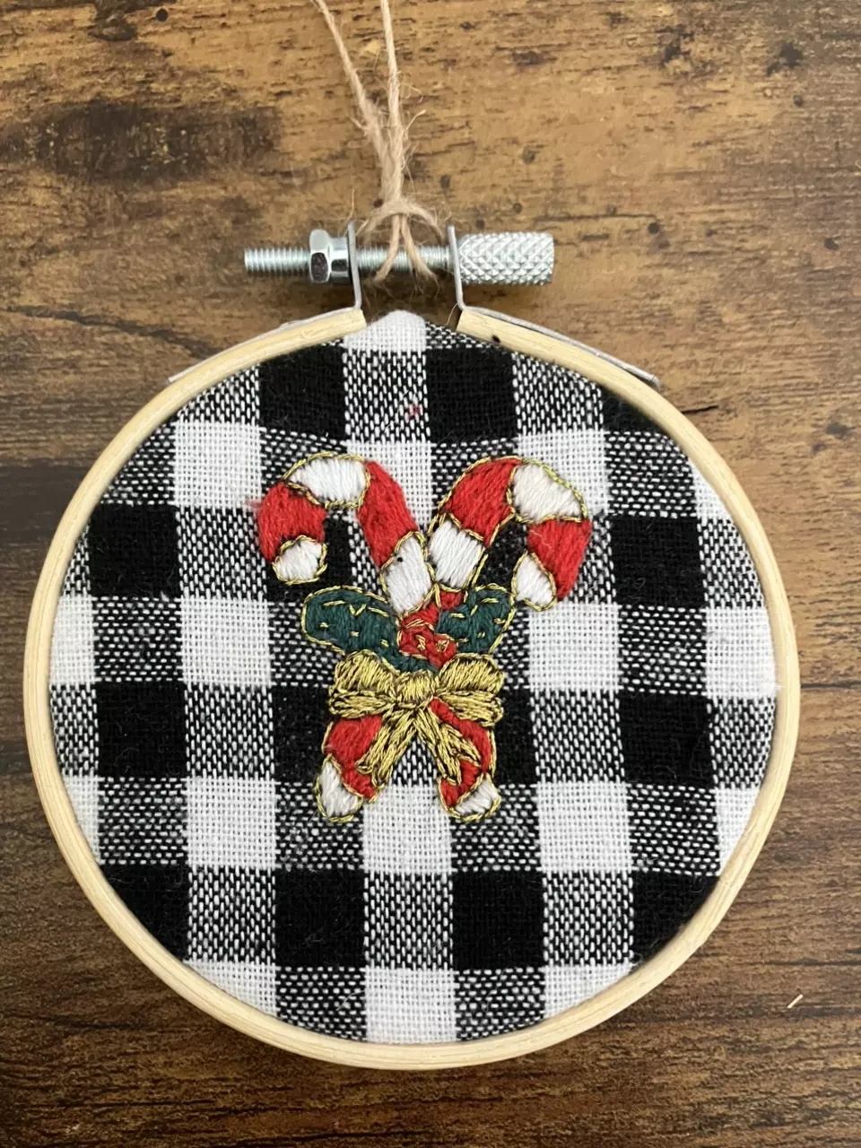 Embroidered Candy Cane Christmas Ornament Buffalo Plaid, Embroidery Hoop Art thumbnail