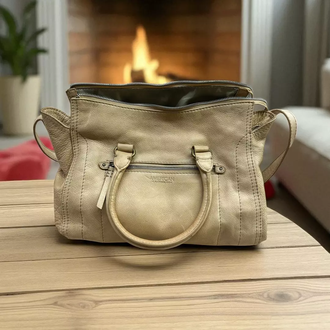 👜 American Leather Co. Pebbled Leather Satchel – Sand Beige Bohemian BOHO bag thumbnail