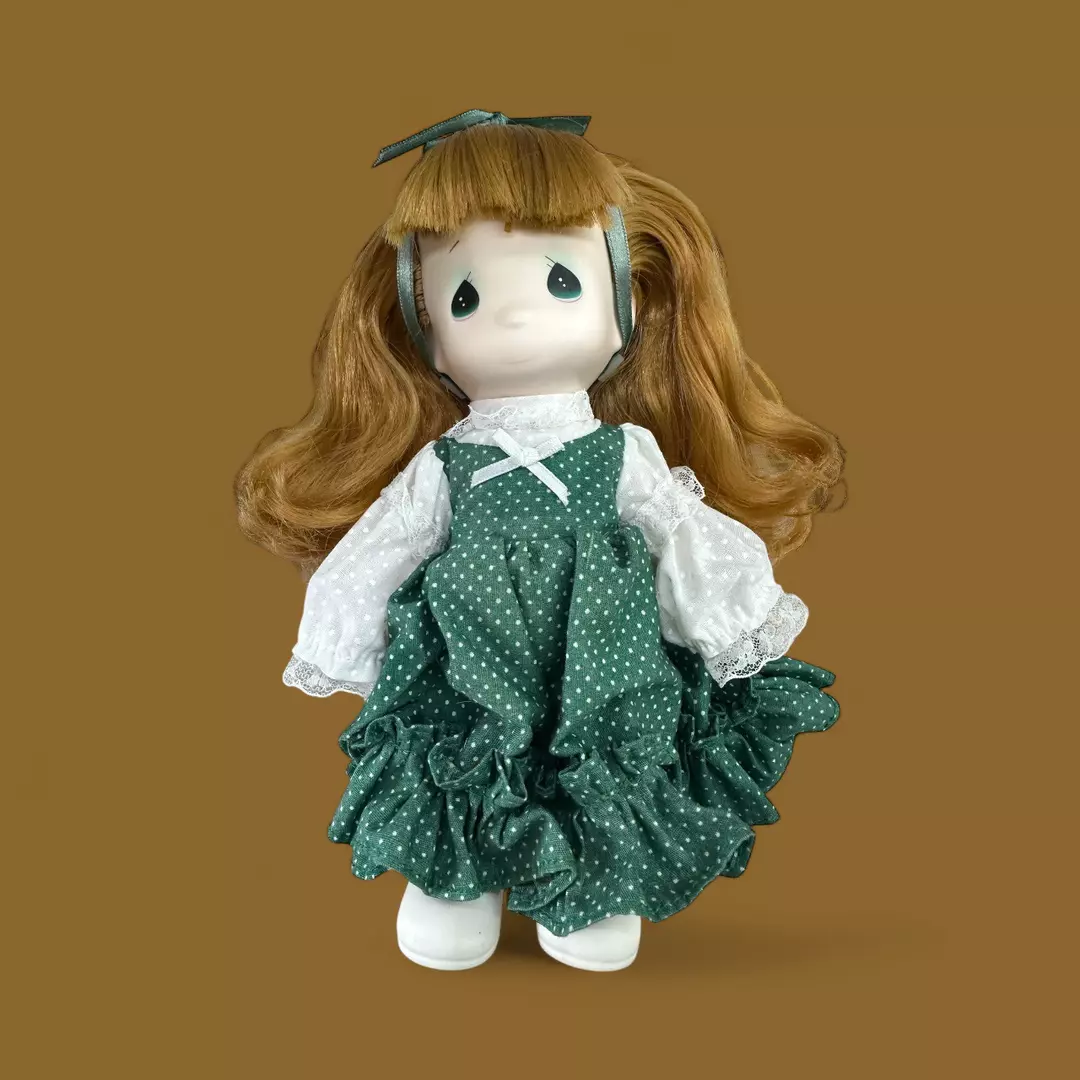 Precious Moments Porcelain Doll – Green Dress, Red Hair, Vintage 80s Collectible thumbnail