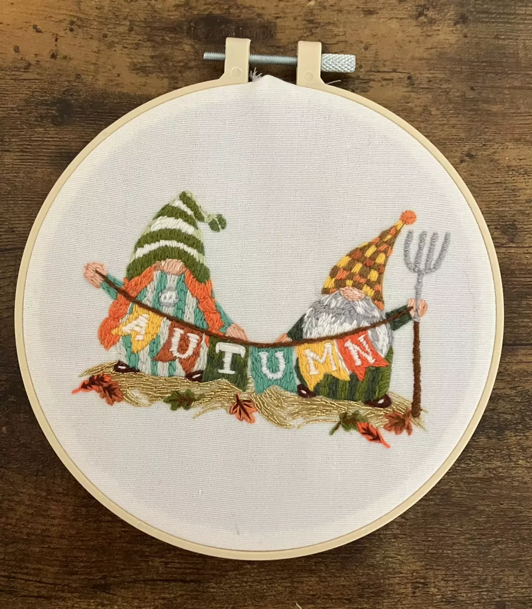 Handmade Embroidered Autumn Gnomes, Embroidery Hoop Art, Fall Wall Art, Decor thumbnail