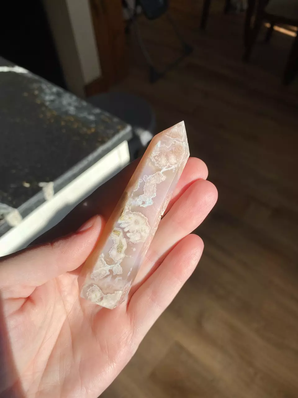 Pink Flower Agate Tower with Sparkly Pink Amethyst Druzy Pockets thumbnail