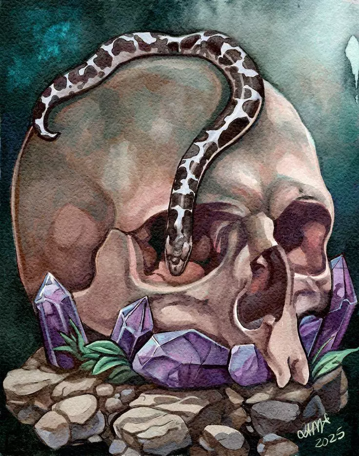 "The Anery Altar" 8x10 sand boa watercolor painting art print with skull crystal thumbnail