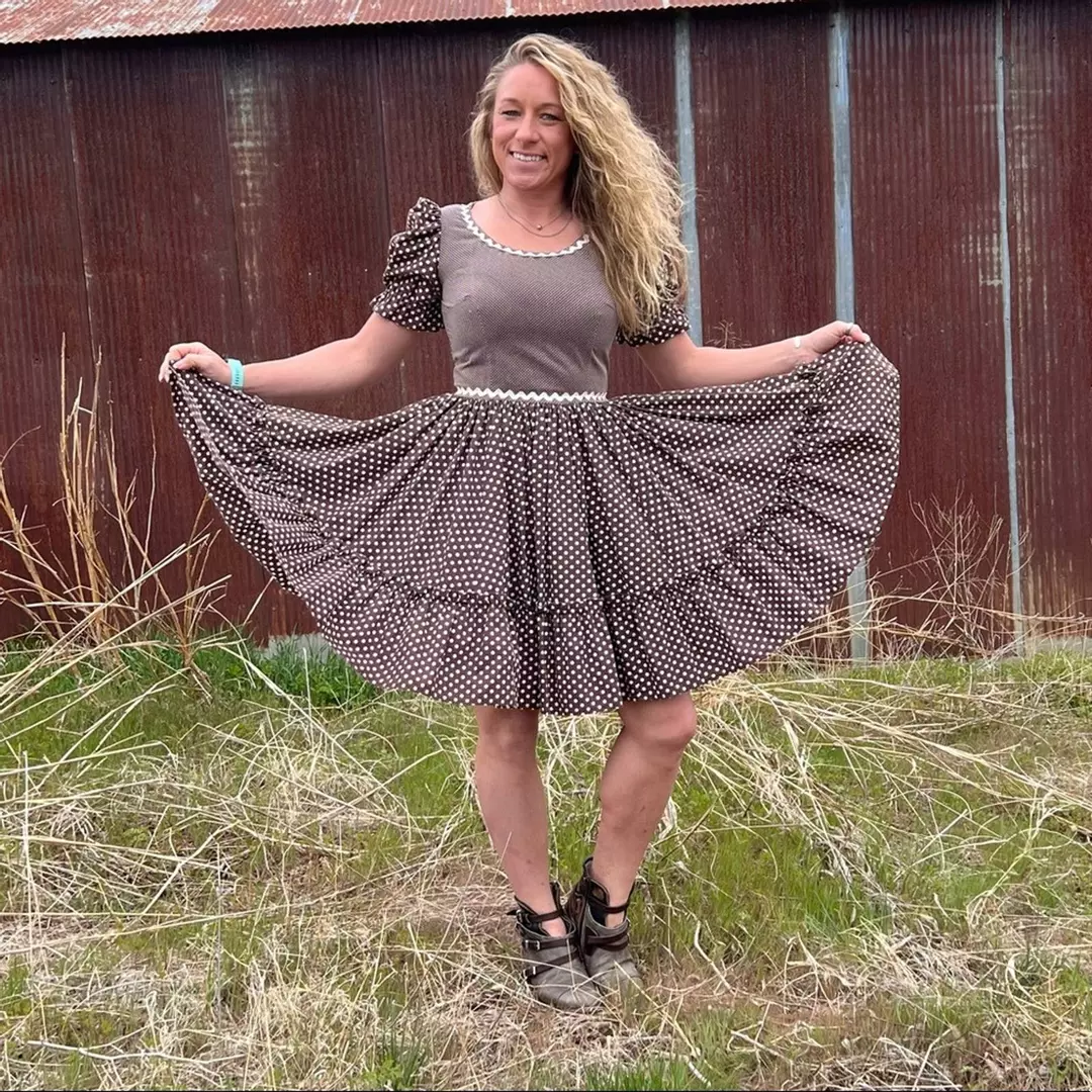 Vintage brown and white polka dot puff sleeve square dance dress thumbnail