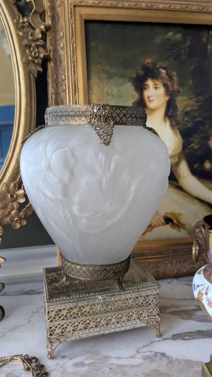 1930s Tiffin satin glass vase with gold filigree fittings thumbnail