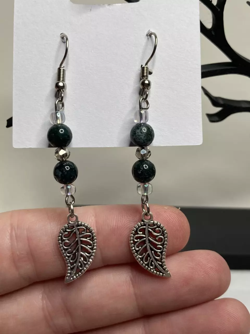 Moss Agate Beaded Earrings Plant lover gift thumbnail