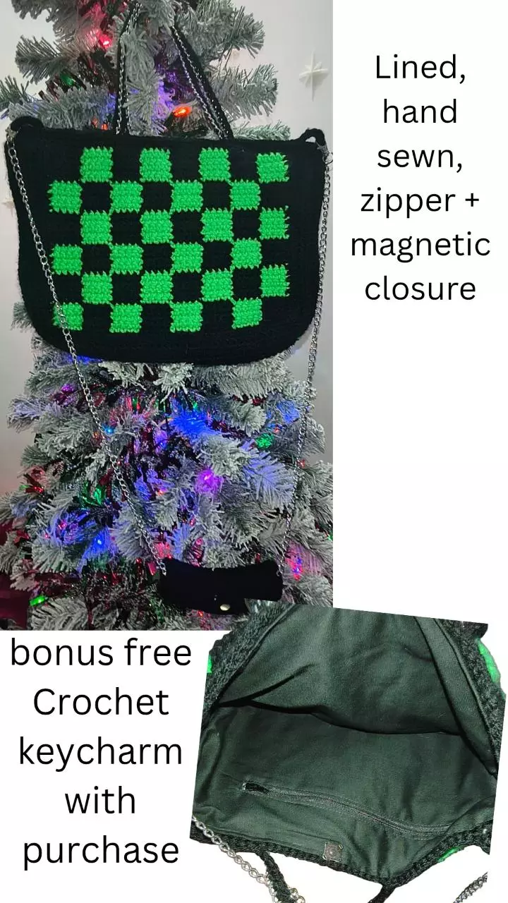 Large black green checker shoulder bag with chain embellishments thumbnail