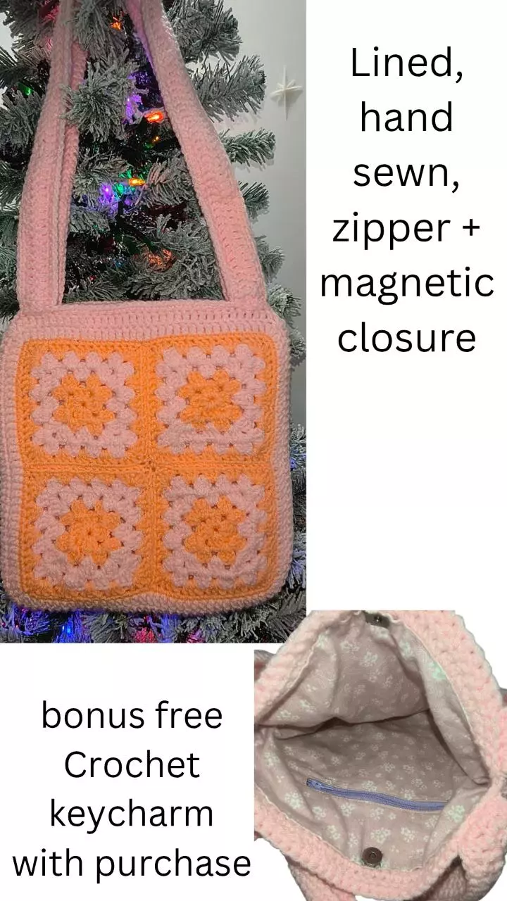 Granny square pink and orange tote thumbnail