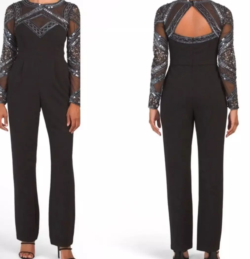 $395 New Beaded Long-Sleeve Crepe Jumpsuit thumbnail