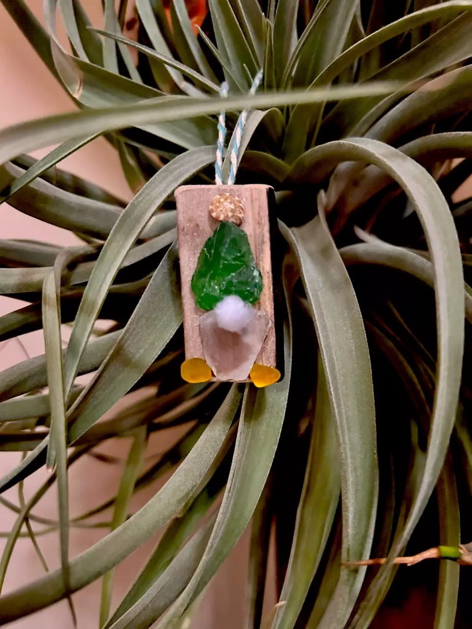 Sea glass gnome ornament - handmade on driftwood thumbnail