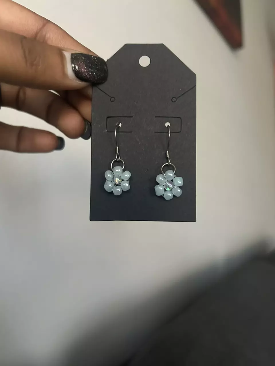 Blue Beaded Flower Earrings thumbnail