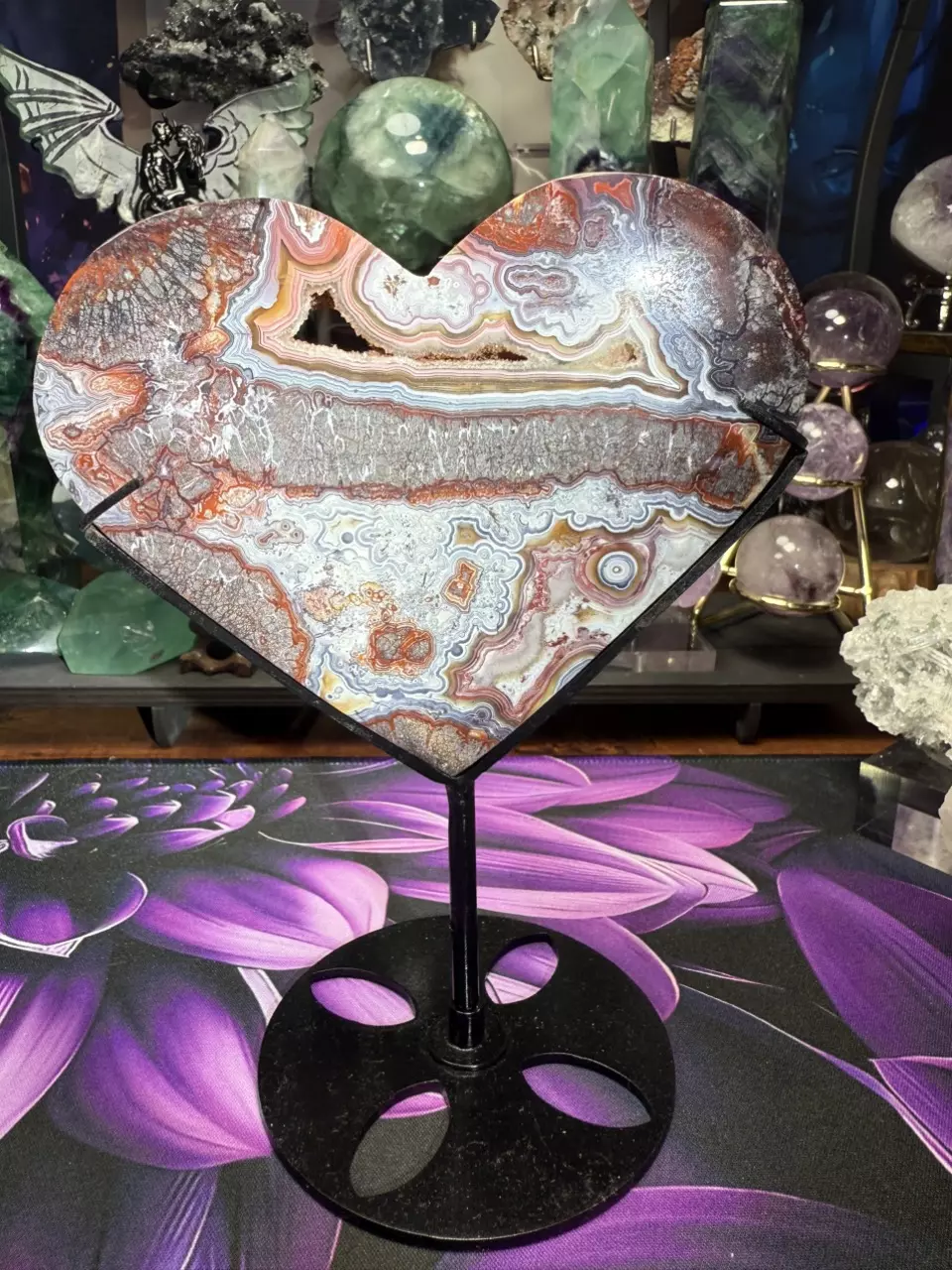Crazy Lace Agate heart with custom stand thumbnail