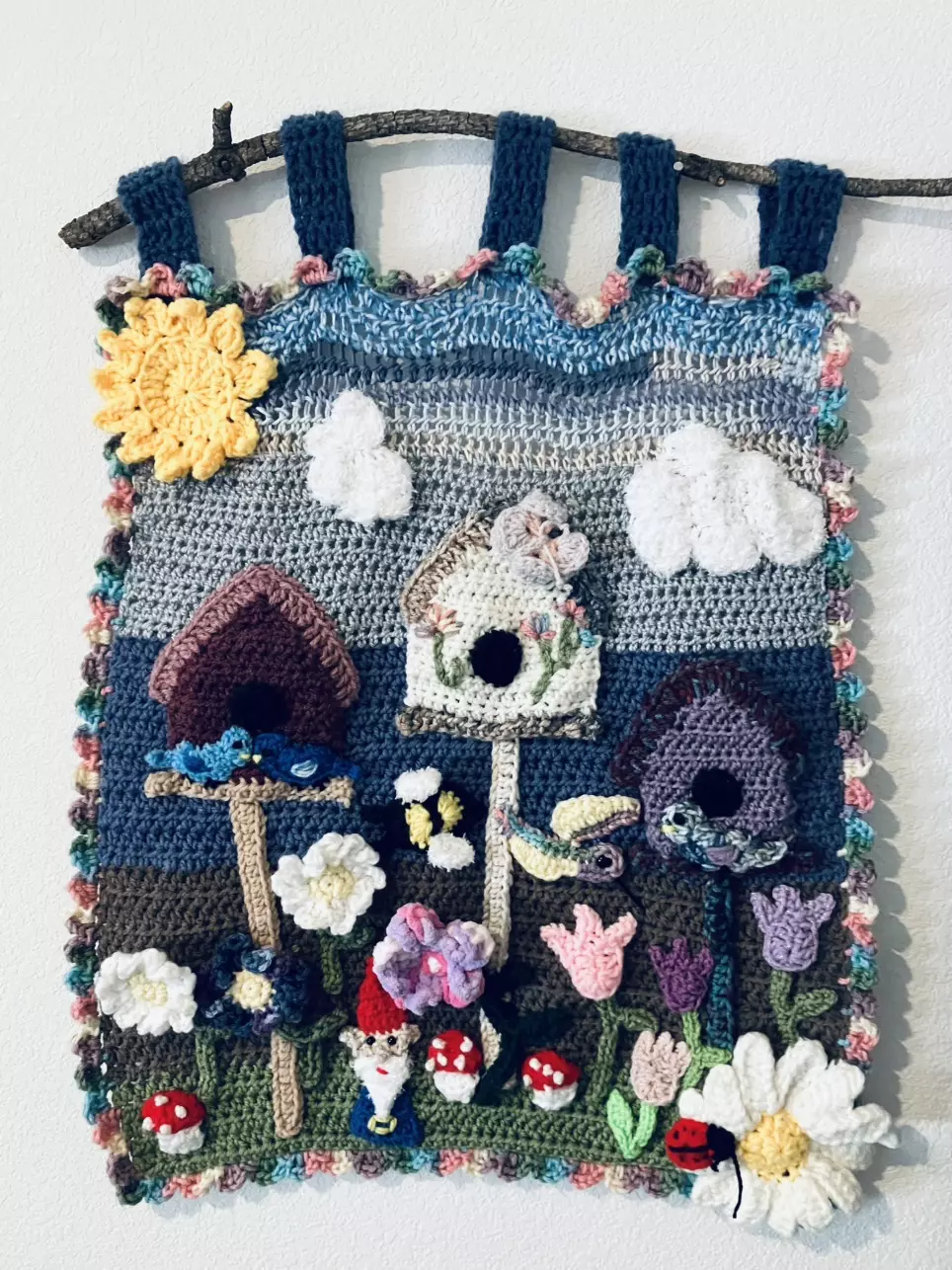 Crocheted Wall Art Hanging – Spring Garden w/ Birdhouses, Flowers, Gnome & Sun thumbnail