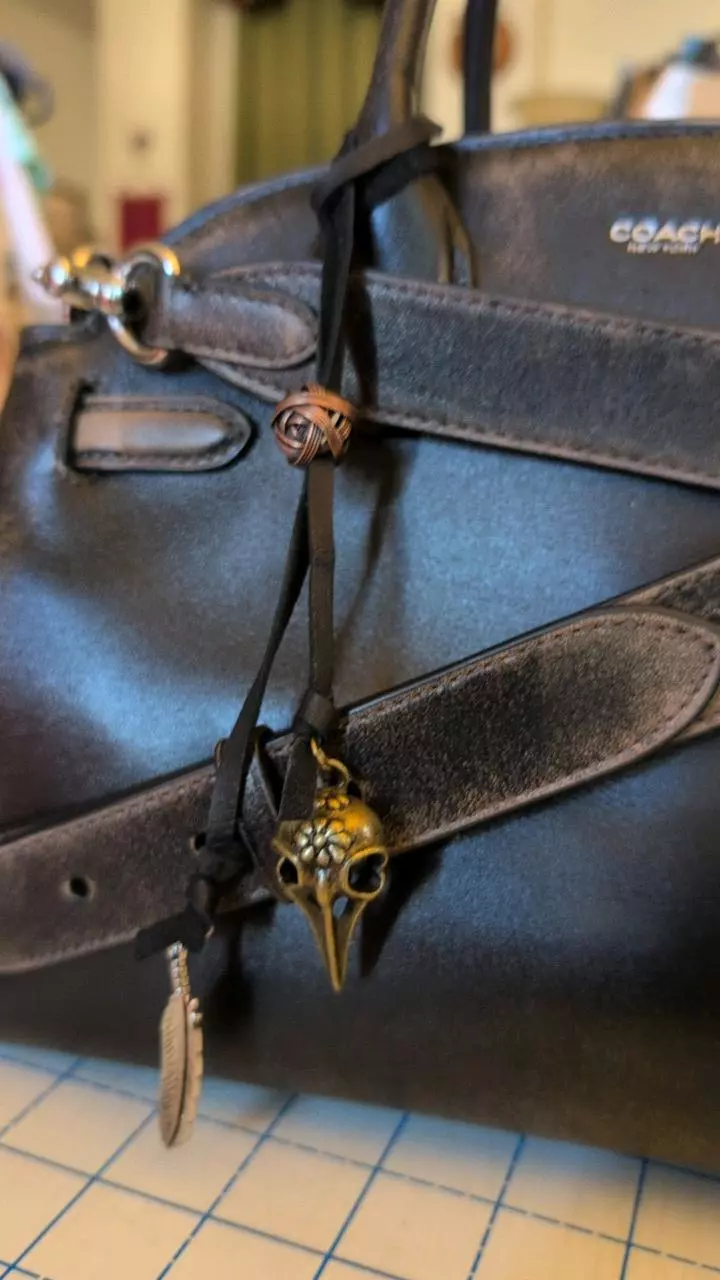 Mixed Metal Charms on Deer Hide Strap wrap style bag charm. thumbnail