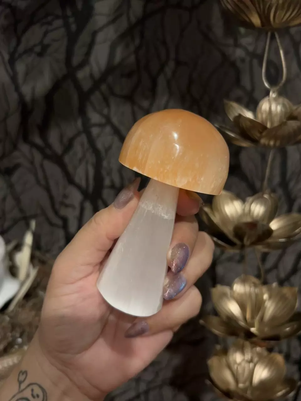 Peach Selenite Mushroom 4in thumbnail