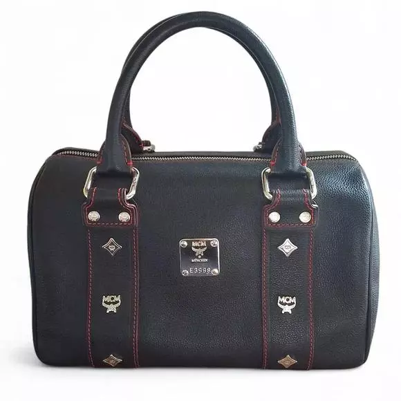 MCM München Black Leather Boston Satchel Bag with Red Trim thumbnail