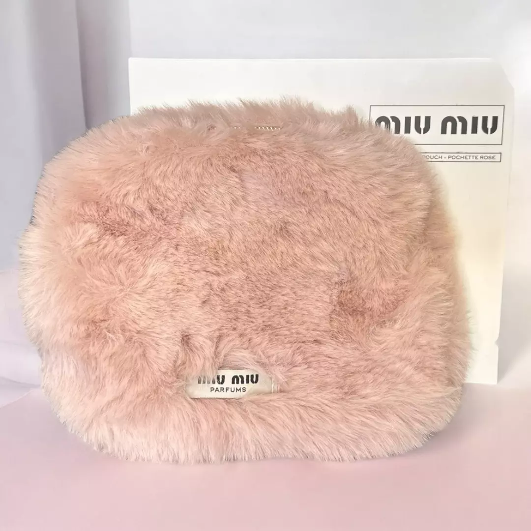 Miu Miu blush pink fuzzy cosmetic pouch or clutch thumbnail