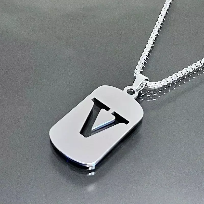 1551  Silver Titanium Steel Letter "V" Pendant with 24in Chain thumbnail