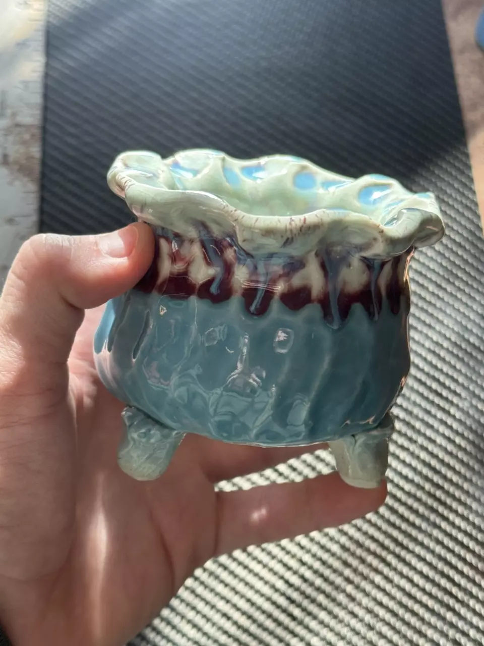 3.5” One-of-One Handmade Designer Clay Pot – Gloss Blue Drip Glaze 💧🪴 thumbnail