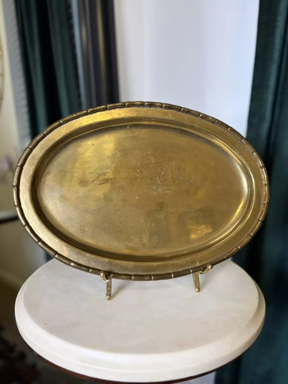 Vintage Brass Oval Tray with Bamboo Rim thumbnail