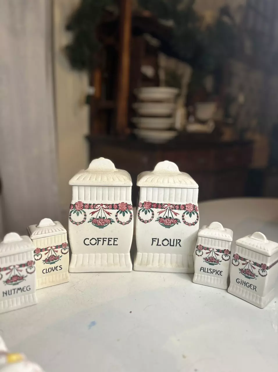 Vintage Farmhouse Ceramic Canister, Spice & Oil Vinegar Set thumbnail