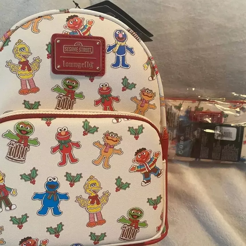 2022 Sesame Street All Over Print Christmas Loungefly Backpack & Wallet Set NWT thumbnail