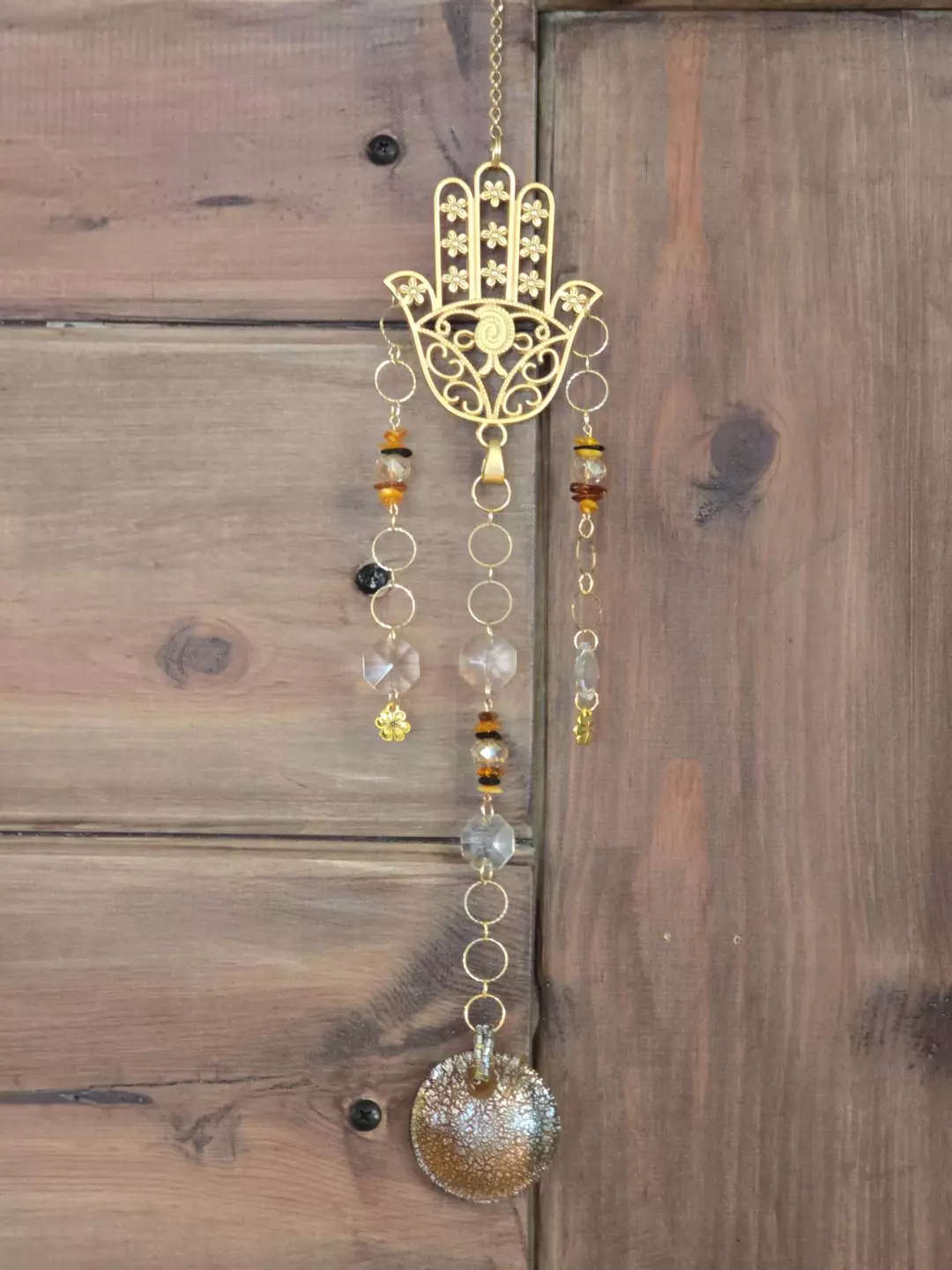 Gold Hamsa Hand Suncatcher/Wall Hanging with Amber thumbnail