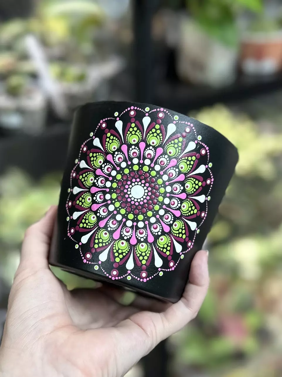 4.7 inch terracotta mandala (4.7 x 4.25)  black/magenta, green, hot pink thumbnail