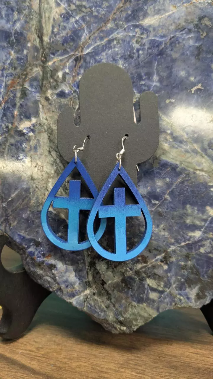 Blue ombre cross earrings. thumbnail
