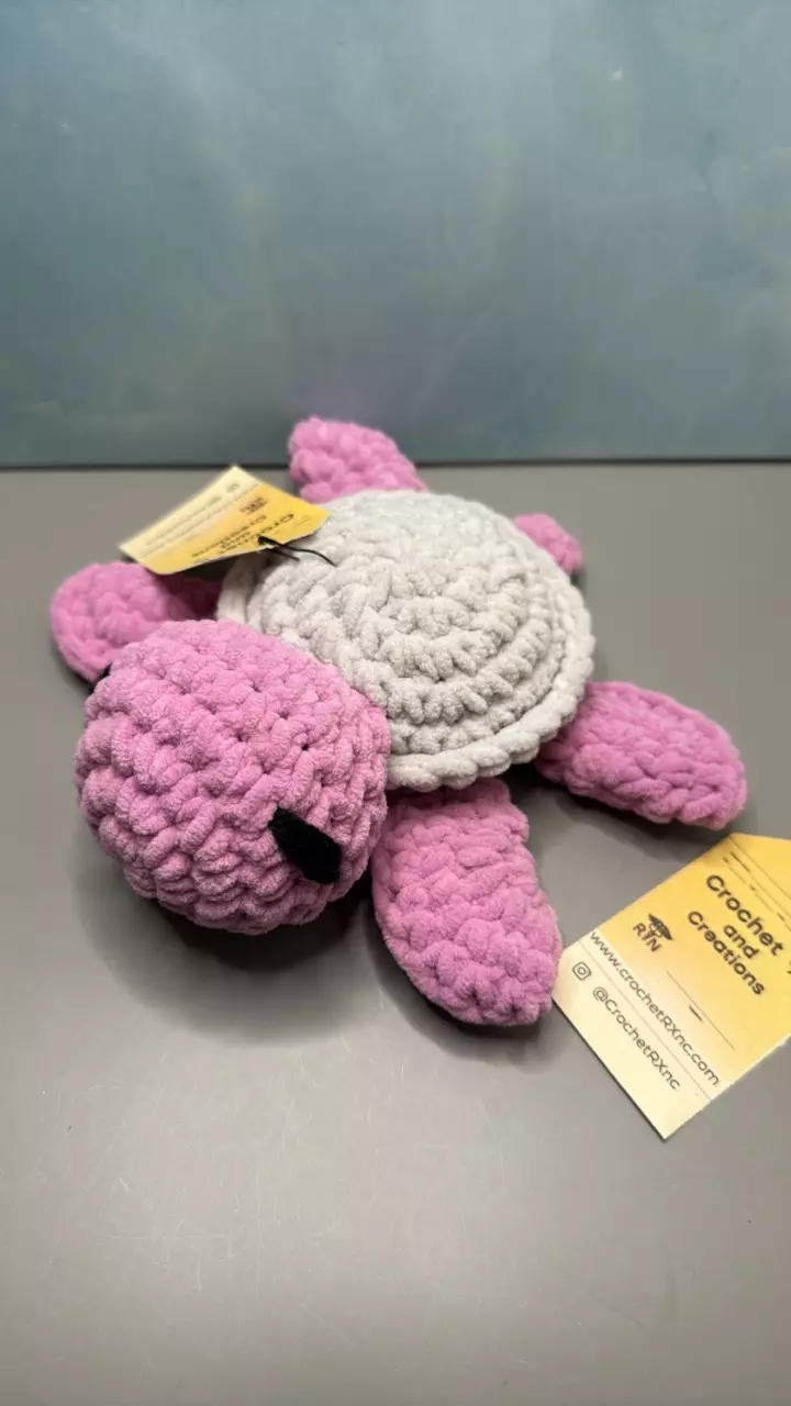 Crochet Mauve & Gray Turtle with embroidered eye detail, handmade plushie thumbnail